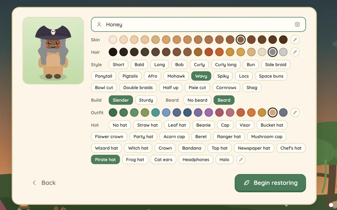 The caretaker creator in Wild Willows: skin and hair colors, 22 hairstyles, build, beard, outfit color and 24 hats including a pirate hat, wizard hat and flower crown.