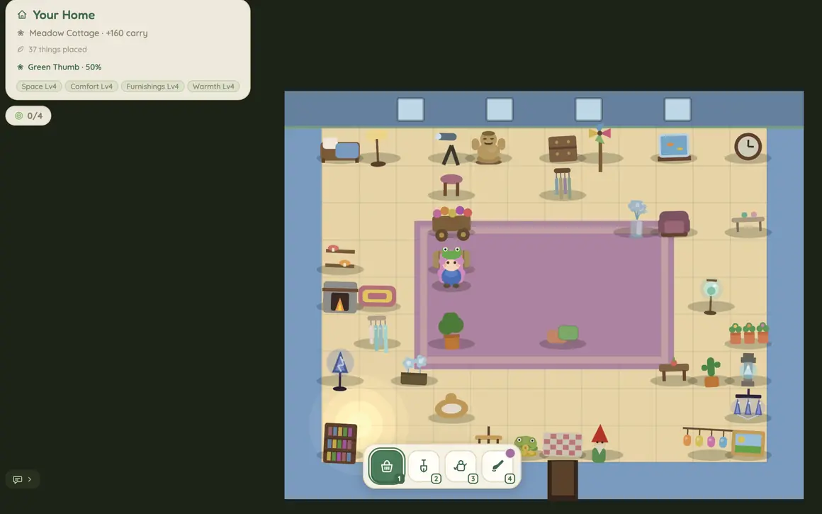 Inside a Meadow Cottage in Wild Willows: 37 pieces of furniture placed: bed, bookshelf, fireplace, rug, houseplants, telescope and wall clock, with house perk tags for space, comfort, decor and light.