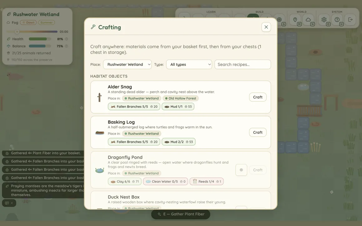 The crafting menu in Wild Willows listing habitat recipes and the materials each needs.
