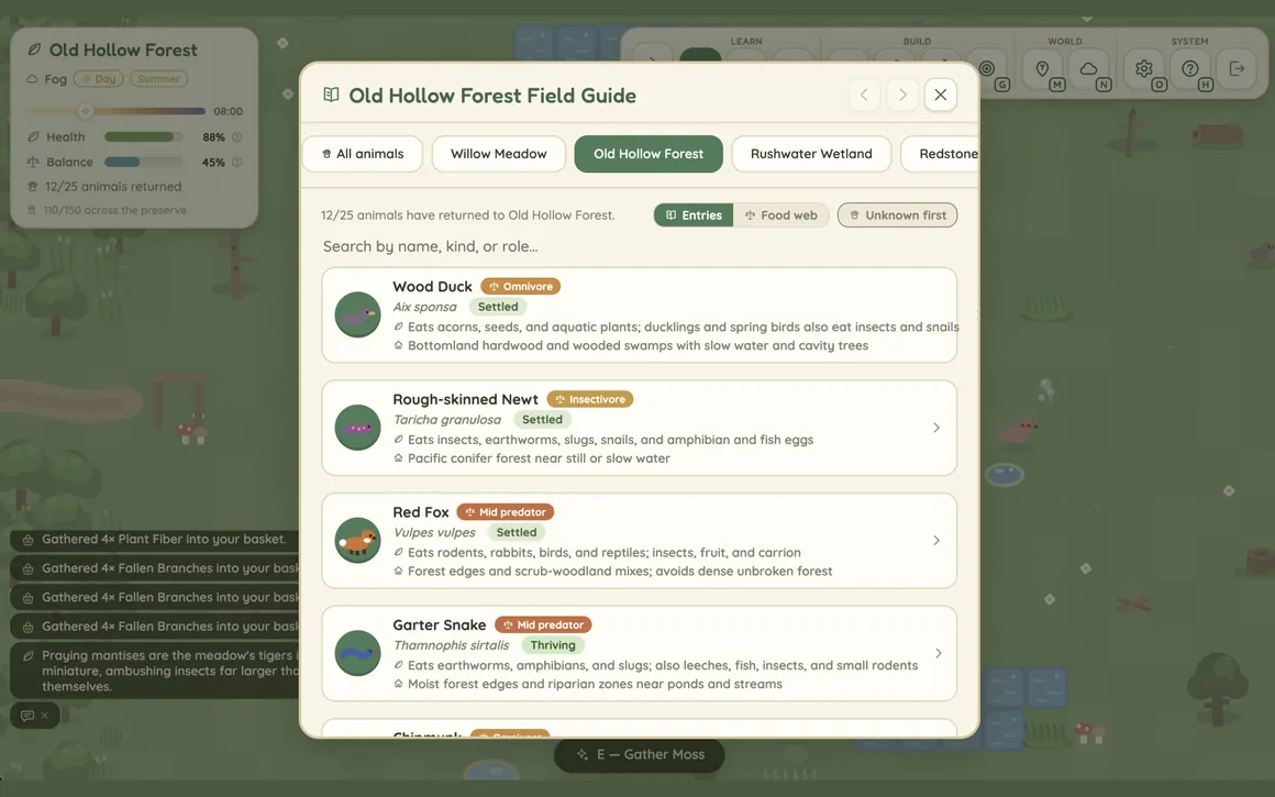 The field guide in Wild Willows showing real forest animals with their diet, shelter and role.