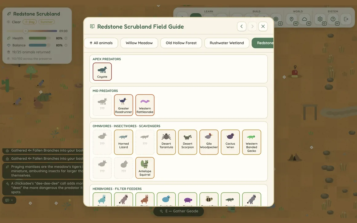 A biome food web in Wild Willows grouping real animals by apex predators, mid predators, omnivores and herbivores.