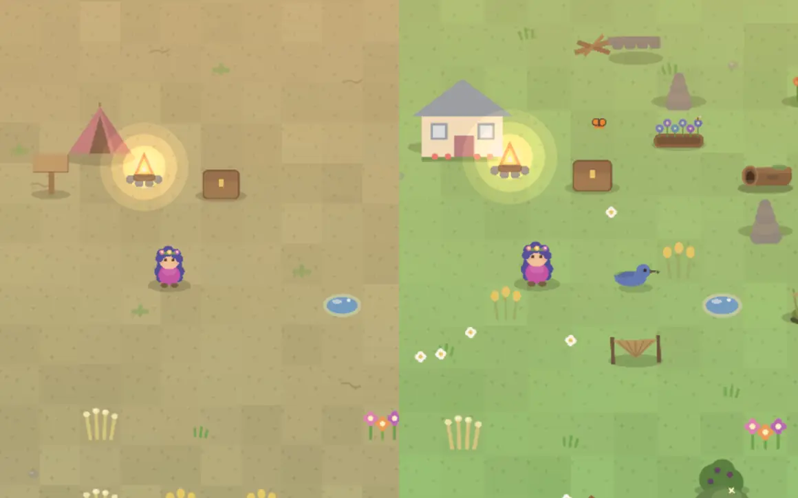 The same corner of Willow Meadow in Wild Willows side by side: bare dry ground with only a tent and campfire on the left, and on the right the restored version with a cottage, grass, wildflowers, a pond, a bench and a bluebird.